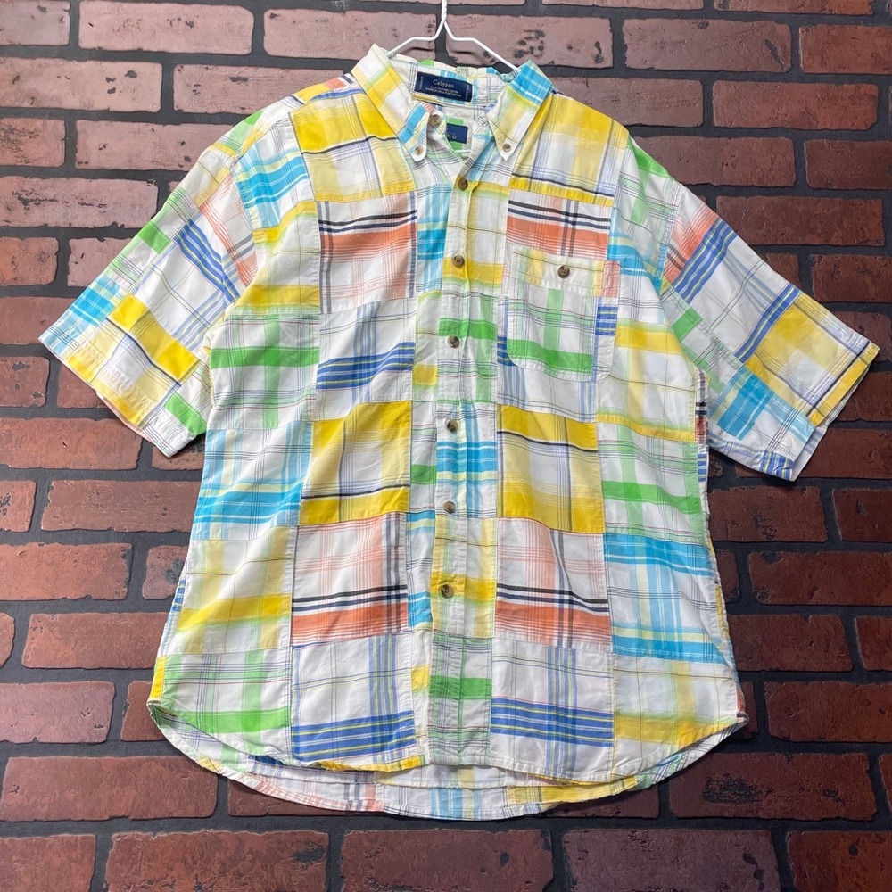 Vintage Enro Men's L Vibrant Patchwork Madras Button Down Shirt Calypso